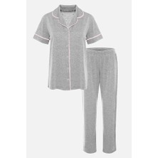 Kadın Kısa Kollu Gri Melanj Pudra Ara Biyeli Pijama Takımı