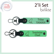 Miawiki Patili Ruhlara Hediye, Kedi Temalı, Kişisel Yazılı Deri Anahtarlık Takımı, Açık Yeşil-Fıstık Yeşil