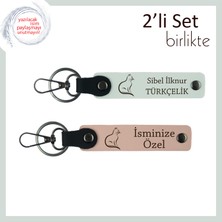 Miawiki Mırlayan Kalplere Özel, Tatlı Kedili, Kişisel Yazılı Deri Anahtarlık Seti, Beyaz-Yavru Ağzı