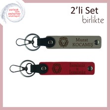 Miawiki Aslan Motifli Seçkin Hediyelik, Erkek Tarzına Uygun 2’li Deri Anahtarlık, Kül Gri-Kırmızı