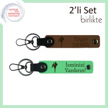 Miawiki Erkek Sporcuya Şık Tasarım, Dövüş Temalı Kişisel Isimli 2’li Deri Anahtarlık, Açık Kahve-F Yeşil