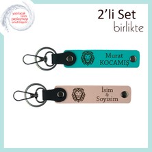 Miawiki Aslan Figürlü Cesaret Temalı Hediyelik, Isme Özel 2’li Deri Anahtarlık Takımı, K Turkuaz-Yavru Ağzı