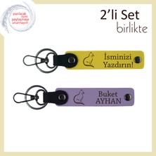 Miawiki Kedili Kombinlere Tamamlayıcı, Pati Figürlü, Kişisel Deri Anahtarlık, Sarı-Mor Menekşe