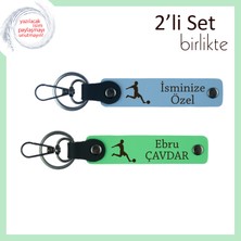Miawiki Futbol Figürlü Set, Kardeşe Anlamlı Hediye, Isim Yazılabilir Deri Anahtarlık, Gök Mavi-Fıstık Yeşil