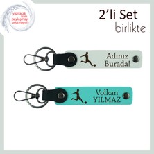 Miawiki Futbol Temasını Taşıyan Deri Anahtarlık Takımı, Özel Isimli 2’li Hediye Set, Beyaz-Turkuaz