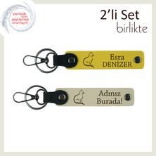 Miawiki Patisiyle Kalbine Iz Bırakanlara, Kedili, Kişisel Yazılı Deri Anahtarlık, Sarı-Sütlü Kahve