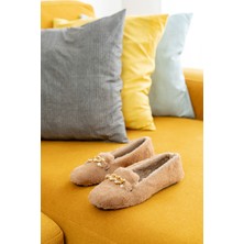 Slipcat Yumuşak Peluş Kadın Taşlı Ev Babeti Hafif Taban Vizon Renkli Panduf Konforlu Kullanım