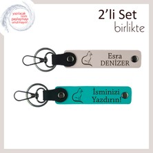 Miawiki Kedili Hediye Kutusunun Yıldızı, Sevimli Desen, Isme Özel Anahtarlık, Pudra-Koyu Turkuaz