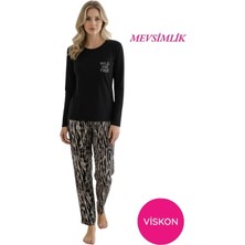 Bie's Kadın Siyah Desenli Bisiklet Yaka Düğmesiz Mevsimlik Likra Viskon Uzun Kol Pijama Takımı