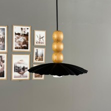 Bamyum Moriva Siyah Metal Avize Ahşap Üç Boncuk Başlık Tekli Rustik Cafe Modern Sarkıt Aydınlatma