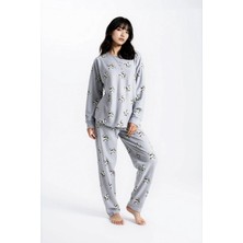 Ecrou Kadın Gri Melanj Waffle Panda Kingdom Desenli Uzun Kol Pantolon Pijama Takım