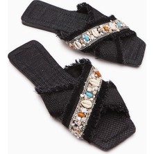 Limoya Felisa Siyah Taş ve Deniz Kabuğu Süslemeli Bohem Kadın Terlik