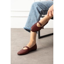 Shoetek Masvi Kadın Babet Önden Bantlı Tokalı Örgü Dokumalı Bordo Deri