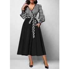 Azel Kadın Uzun Kollu Kruvaze Yaka Dalgıç Krep Midi Boy Elbise