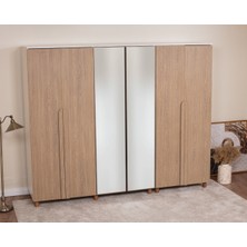 Donaco İtra 6 Kapaklı Gardırop – Krem Gövde, Meşe MDFLAM Aynalı Kapak