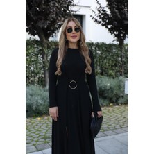 Qimya Butik Buketli Kadın Bisiklet Yaka Çift Yırtmaçlı Halka Toka Detaylı Uzun Kollu Uzun Elbise