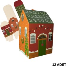 Roco Paper Co. Yılbaşı Ev Tasarımlı Kutu Çanta, Yeniyıl, Parti, Hediye Çantası, 12LI, 8.5X8.5X14 Cm, Yeşil Çatılı