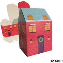 Roco Paper Co. Yılbaşı Ev Tasarımlı Kutu Çanta, Yeniyıl, Parti, Hediye Çantası, 12LI, 8.5X8.5X14 Cm, Mavi Çatılı