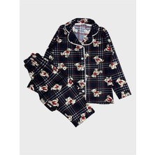 Aliş Kids Anne-Kız Çocuk Pamuklu Süet Kumaş Lacivert Ayıcık Desenli Gömlek Yaka Düğmeli Pijama Takımı