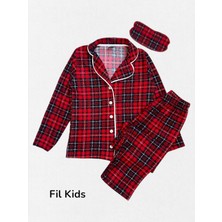 Aliş Kids Erkek Çocuk Pamuklu Kumaş Süet Kırmızı Ekose Desenli Uyku Bantlı Biyeli Gömlek Yaka Pijama Takımı
