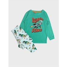 Aliş Kids Erkek Çocuk Pamuklu Yeşil Beyaz Dinozor Desenli Mevsimlik Uzun Kollu Pijama Takımı