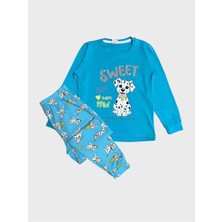 Elmas Kids Erkek Çocuk Pamuklu Mavi Sevimli Köpek Desenli Mevsimlik Uzun Kollu Pijama Takımı