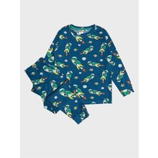 Elmas Kids Erkek Çocuk Pamuklu Petrol Yeşili Dinozor Desenli Mevsimlik Uzun Kollu Pijama Takımı