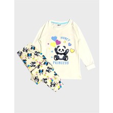Elmas Kids Kız Çocuk Pamuklu Sarı Panda Desenli Mevsimlik Uzun Kollu Pijama Takımı