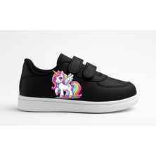 Lias Shoes Renkli Görkemli Beyaz At Baskılı Siyah Çocuk Spor Ayakkabı Sneaker