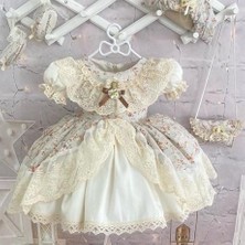 Hly Karol Tasarım Krem Çiçekli Takım Vintage Kız Bebek Elbise Prenses Kesim Doğum Günü İçin Özel Tasarım Trend