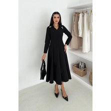 Neşeli Butik Kadın Gold Yaka Detaylı Midi Boy Uzun Kollu Elbise NBK4360