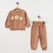 Aplike Çiçek Nakışlı Iki Iplik Alt Üst Takım - SD-2279-CAMEL-9 - 12 Ay Camel