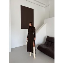Qimya Butik Buketli Kadın Balıkçı Yaka Tek Yırtmaçlı Uzun Kollu Basic Uzun Elbise