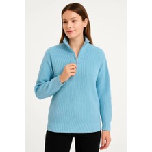 Arben Boutique Kadın Yarım Fermuarlı Triko Kazak – Selanik Örgü, Dik Yaka, Pamuklu Dokuma, Oversize Uzun Kollu Kışlık Model - Bebe Mavisi