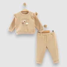 Çiçek Baskılı Kollar Fırfırlı Üç Iplik Şardonlu Alt Üst Takım - NEC254056-BEJ-9 - 12 Ay Bej