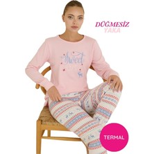 Seamlife Kadın Pembe Desenli Bisiklet Yaka Düğmesiz Bilekler Lastikli/jogger Yumuşak Termal Kışlık Pijama Takımı