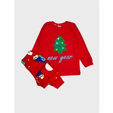 Elmas Kids Kız Çocuk %100 Pamuklu Kırmızı Çam Yeni Yıl Temalı Uzun Kollu Pijama Takımı