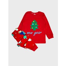 Elmas Kids Erkek Çocuk %100 Pamuklu Kırmızı Çam Yılbaşı Desenli Uzun Kollu Pijama Takımı