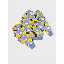 Aliş Kids Erkek Çocuk Pamuklu Şardonlu Mavi Renk Uçak Desenli Uzun Kollu Kışlık Pijama Takımı