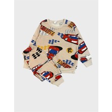Aliş Kids Erkek Çocuk Pamuklu Şardonlu Kahverengi Yarış Arabası Desenli Uzun Kollu Kışlık Pijama Takımı