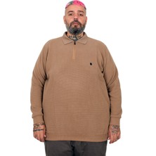 Cüsseli Büyük Beden Erkek Sweat Polo Yaka Waffle Selanik Sütlü Kahve 25822