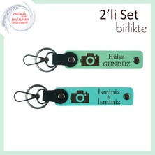 Miawiki Fotoğraf Makinesi Desenli Anahtarlık Seti, Kardeşe Anlamlı Yazılabilir Hediye, Açık Yeşil-Turkuaz