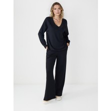 Jimmy Key Siyah Yüksek Bel Bol Paça Cep Detaylı Örme Pantolon