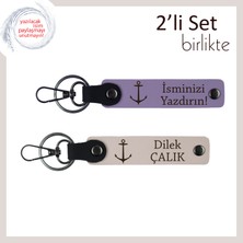 Miawiki Gemici Deseniyle Kişisel Hatıralık, Isme Özel Deri Anahtarlık Takımı, Mor Menekşe-Pudra