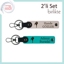 Miawiki Boks Figürlü Kalıcı Hediye, Erkek Arkadaşa Özel Yazı Eklenebilir Deri Anahtarlık, Pudra-Koyu Turkuaz