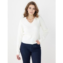 Jimmy Key Ekru V Yaka Saç Örgü Desenli Triko Kazak