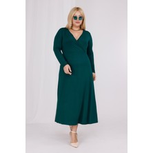 Madwilo Kadın Zümrüt Yeşil Kruvaze Yaka Büyük Beden Esnek Maxi Elbise