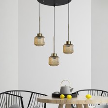Bamyum Jerno Cam Bal Rengi Üçlü Yuvarlak Avize Ince Eskitme Başlık Retro Sarkıt Lamba Salon Aydınlatma