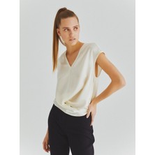 ROMAN %100 İpek V Yaka Bluz Kemik K2013208_019