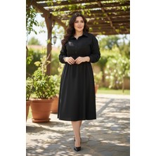 Ravencia Kadın Siyah Ajur Nakışlı Kiloş Polo Yaka Düğmeli Elbise